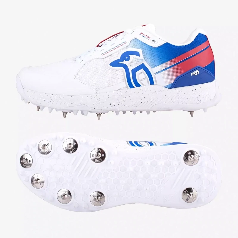 2025 Kookaburra KC 1.0 Spike White/Blue/Red  Adult Cricket Shoes