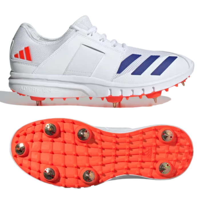 2024 adidas Unisex Howzat Spike 2.0 White Blue Red Cricket Shoes