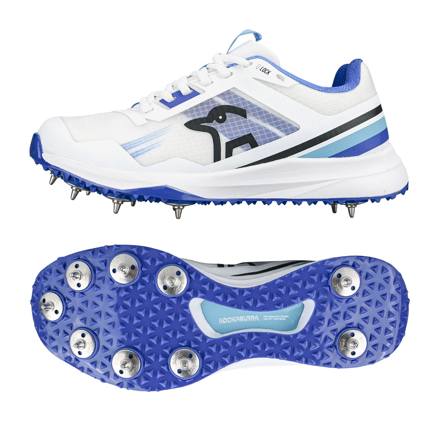 2025 Kookaburra KC 2.0 Spike White Blue Adult Cricket Shoes