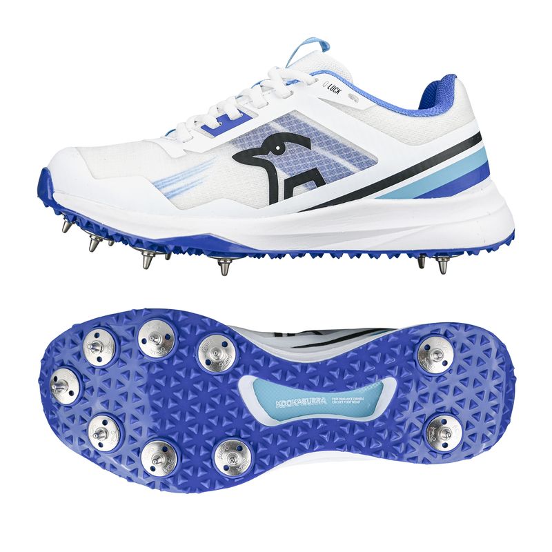 2025 Kookaburra KC 2.0 Spike White Blue Adult Cricket Shoes