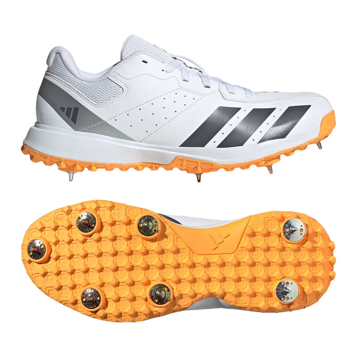 2026 adidas Howzat Spike White Cricket Shoes - White / Tangerine