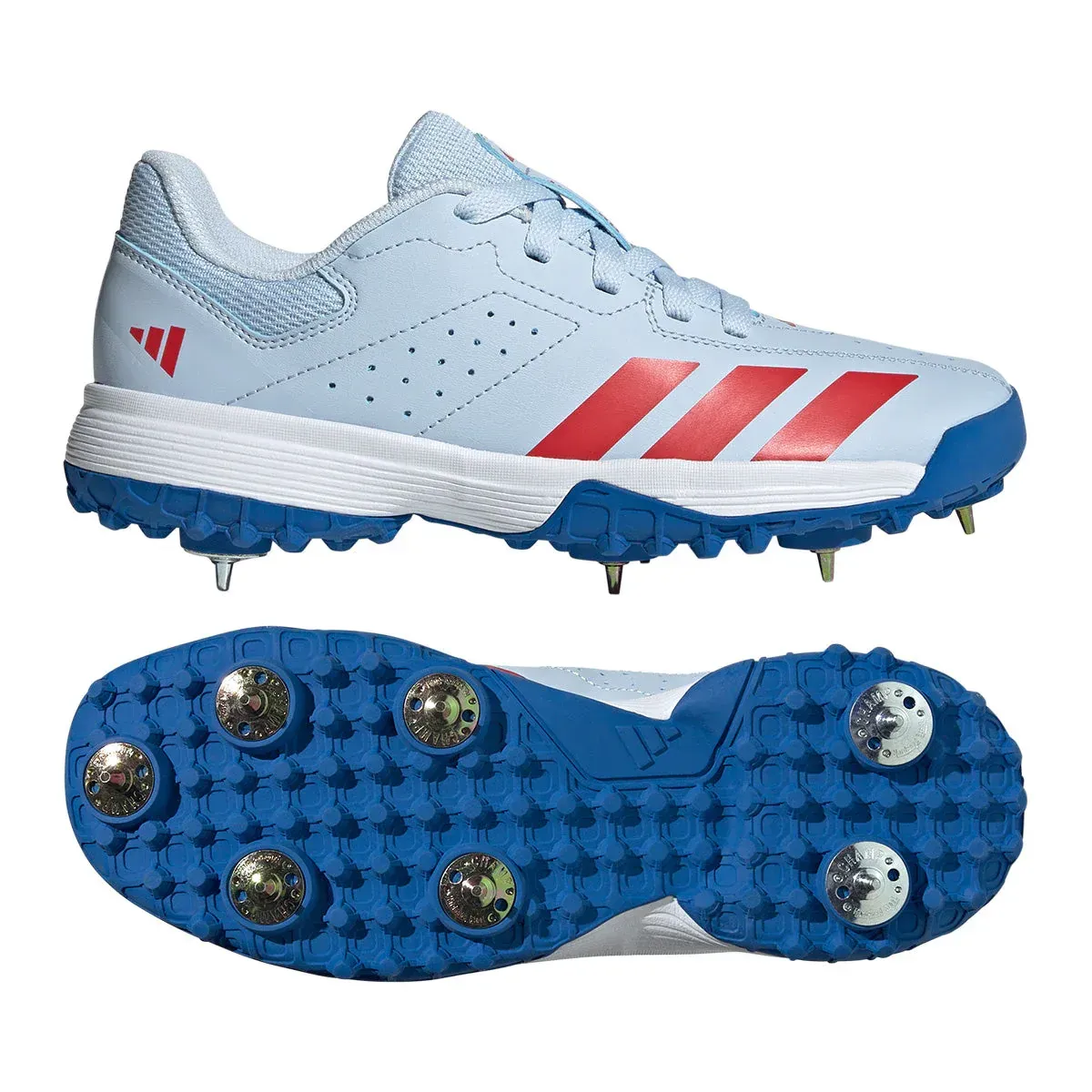 2026 adidas Howzat Spike White Cricket Shoes - Crystal Blue/Red