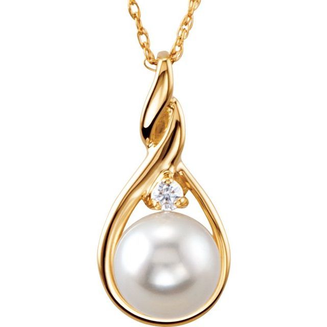 4K Yellow Cultured White Akoya Pearl &amp; .03 CTW Natural Diamond 18&quot; Necklace, Care Plan: 3 Yr Gold Plan