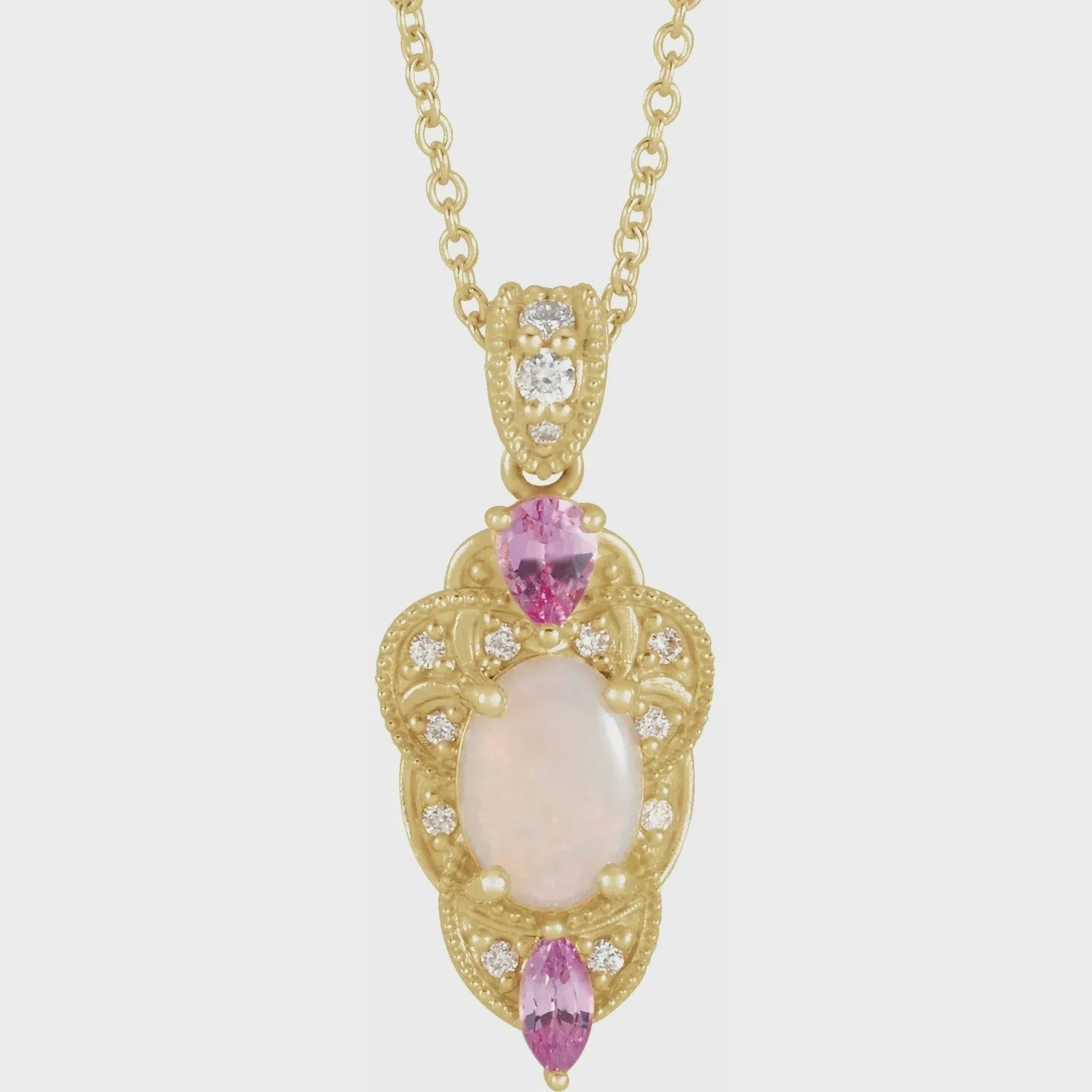 14K Yellow Natural White Opal 7 x5 mm Oval, Natural Pink Sapphire &amp; 1/10 CTW Natural Diamond 16-18&quot; Necklace, Metal type: 14K Yellow, Necklace/Pendant: As Necklace