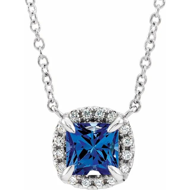 14K Yellow 3.5x3.5 mm Natural Blue Sapphire &amp; .05 CTW Natural Diamond 18&quot; Necklace, Metal type: 14K White