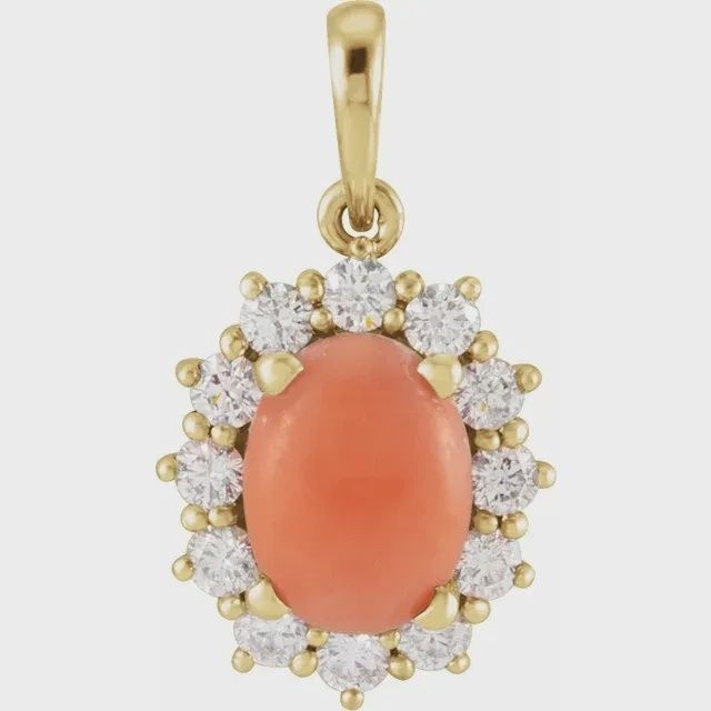 14K Yellow Natural Pink Coral &amp; 1/3 CTW Natural Diamond Halo-Style Pendant, Metal type: 14K White