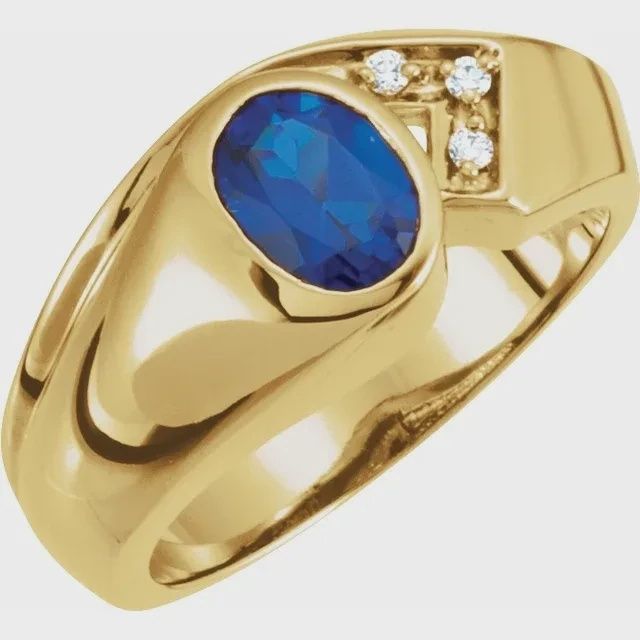 Mens 14K Yellow 8x6 mm Oval Bezel-Set Ring Diamonds are F VS 1.80 mm round Default Gemstone is a Sapphire, Gemstone: Sapphire, Metal type: 14K Yellow, Size: 8