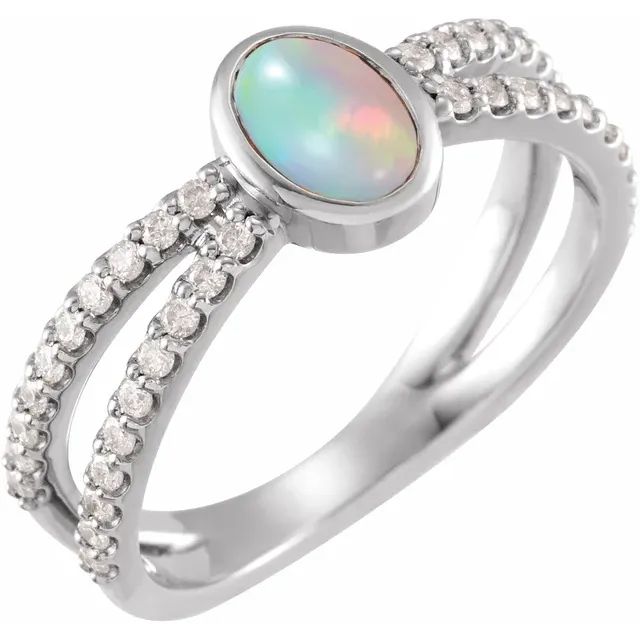 Sterling Silver Natural White Ethiopian Opal &amp; 3/8 CTW Natural Diamond Ring, Gemstone: Black Opal, Size: 6