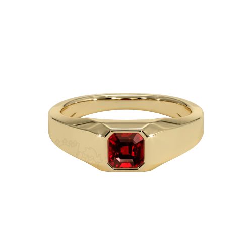 Men&#39;s Ruby Ring 0.92 carat asscher shape red ruby dimensions of 5.37 x 5.25 x 3.56 mm and a step cut. It has a clarity grade of very slightly incl 14K Yellow Gold * this item is made to order