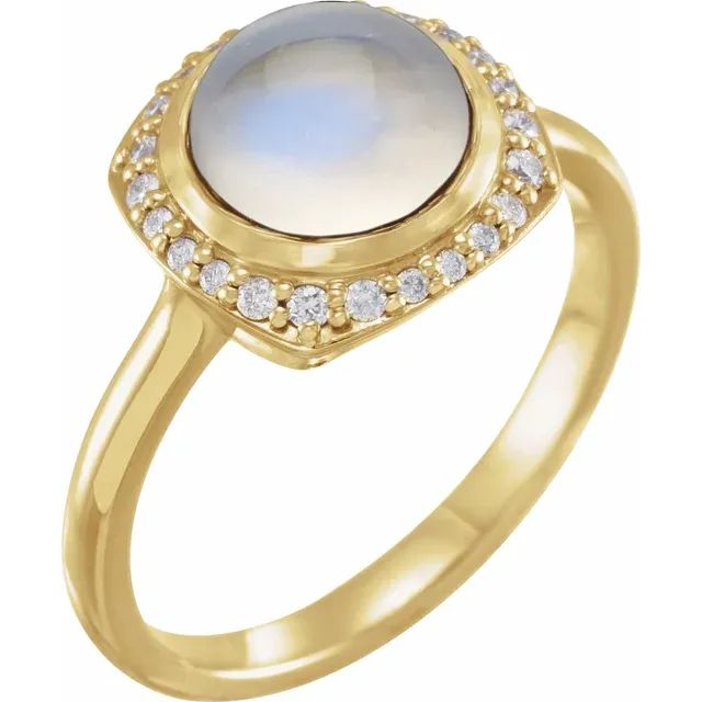 14K Yellow Natural Rainbow Moonstone &amp; 1/6 CTW Natural Diamond Halo-Style Ring, Gemstone: Moonstone, Metal type: 14K Yellow, Size: 6