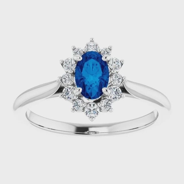 14K White Sapphire .40ct 6x4 mm Oval Ring with diamond accents, Size: 6