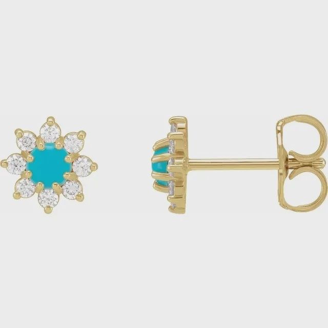 14K Yellow Natural Turquoise &amp; 1/8 CTW Natural Diamond Flower Earrings, Gemstone: Turquoise, Metal type: 14K Yellow