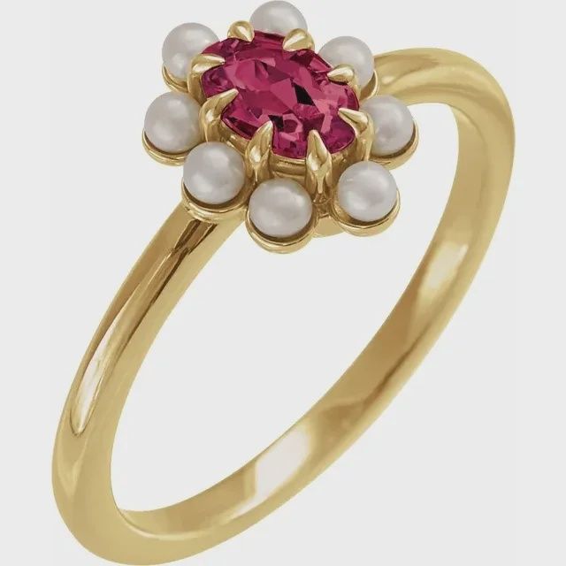 14K Yellow Natural Rhodolite Garnet &amp; Cultured White Seed Pearl Halo-Style Ring, Gemstone: Tanzanite, Metal type: 14K Yellow, Size: 6