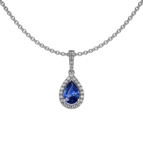 Blue Sapphire Pendant - Pear 0.75 Ct. - 14K White Gold. 7.00 x 5.00 x 2.80 mm and is brilliant cut. The diamonds have a clarity grade of vs2 - Very Slightly Included, F color. 18&quot; Chain included