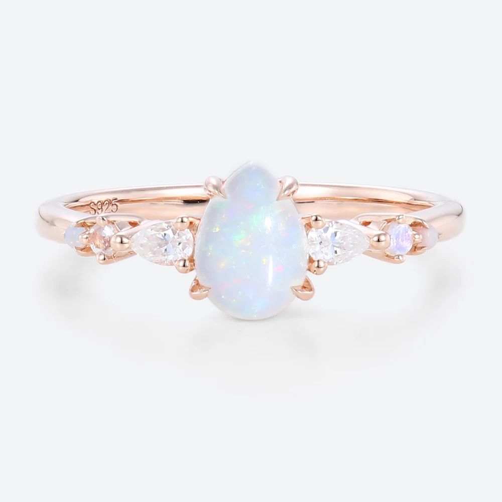 Pear Shaped Opal Ring with moonstone and diamond accents, Metal type: 14K Yellow, Size: 5