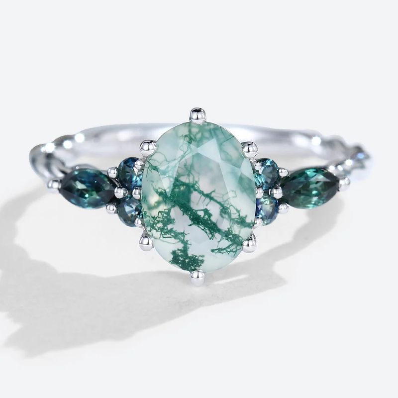 White Gold Oval Cut Moss Agate Ring with Green Blue Sapphire Side Stones