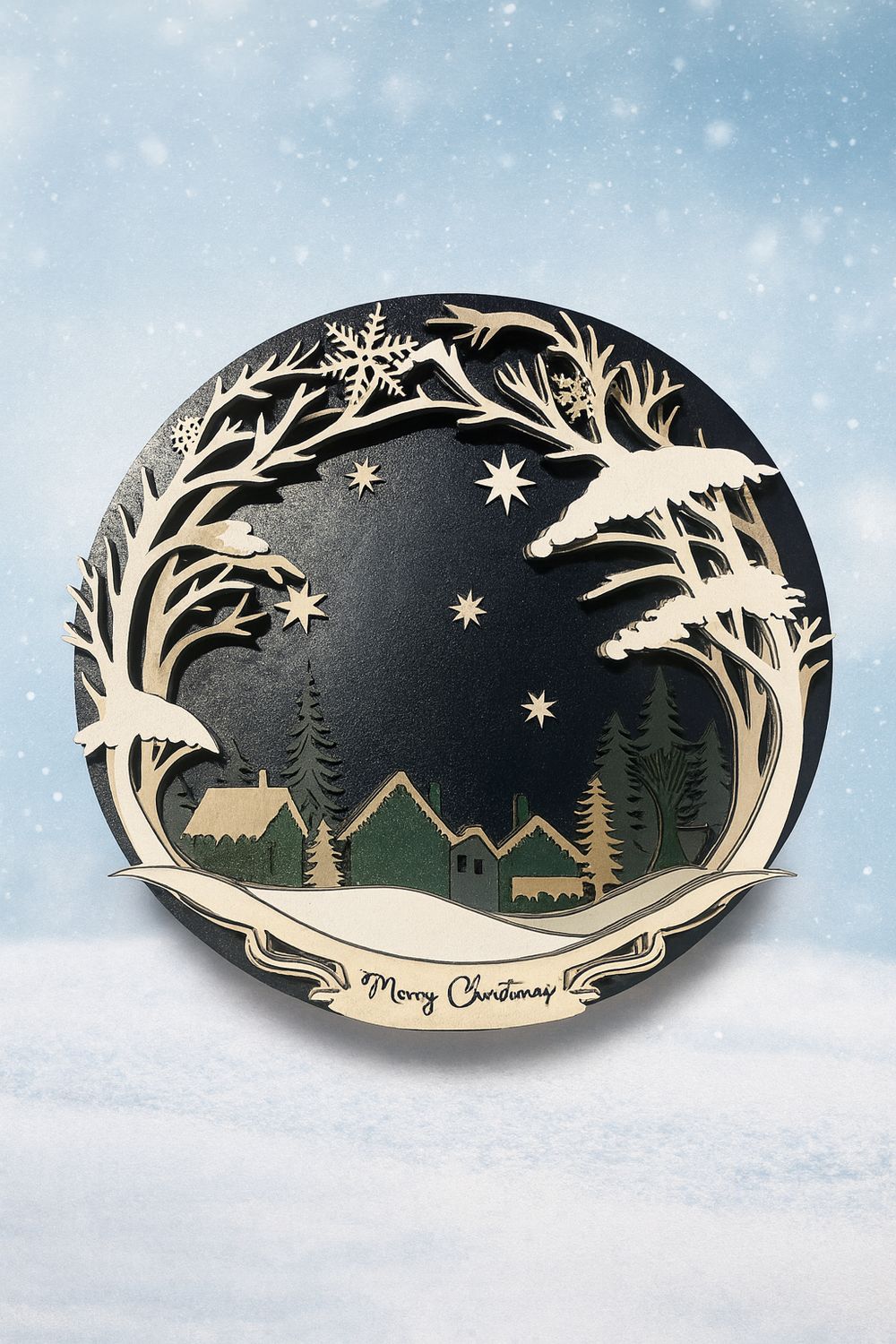 Winter Wonderland Christmas Village — Layered Wood Wall Art