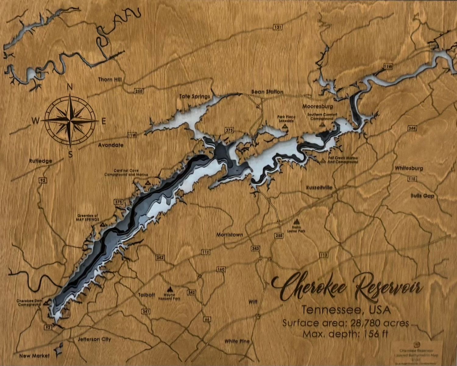 Cherokee Lake – Layered Wood Map (15x20”)