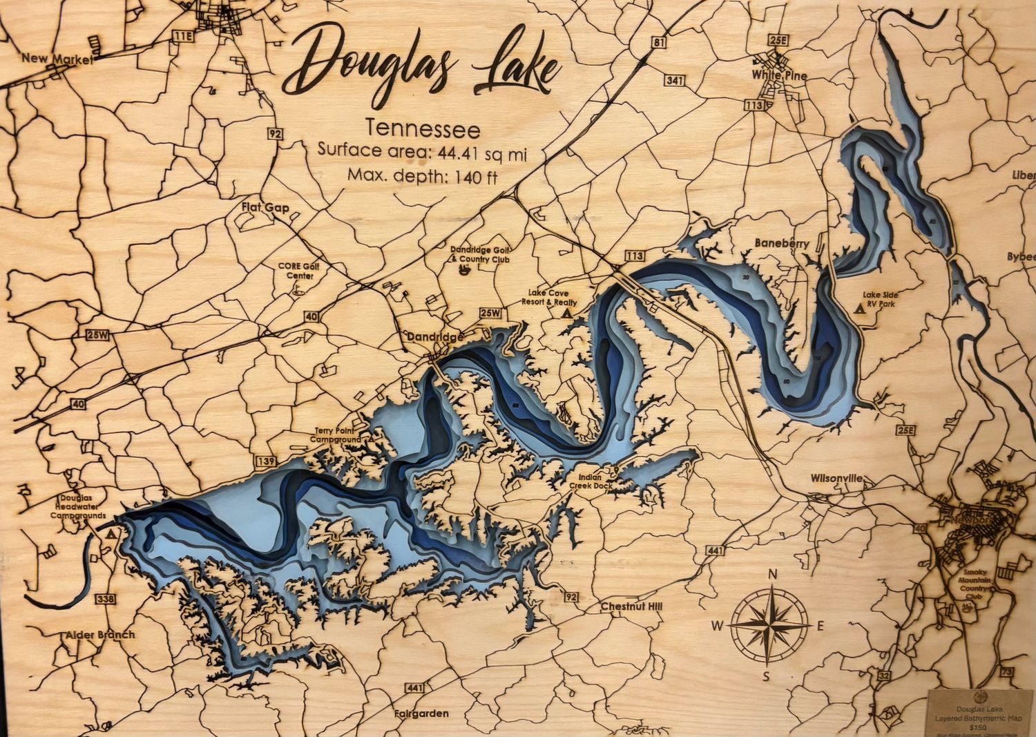 Douglas Lake – Layered Wood Map (15x20”)
