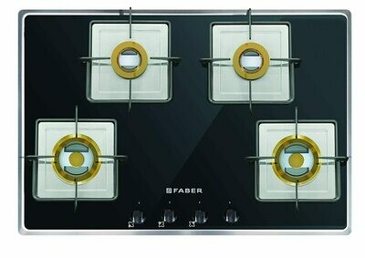 Faber Glass, Stainless Steel Frame Hob 4 Burner, Auto Electric Ignition, Glass Top (Fusion 724 CRX BR CI) Black, Silver