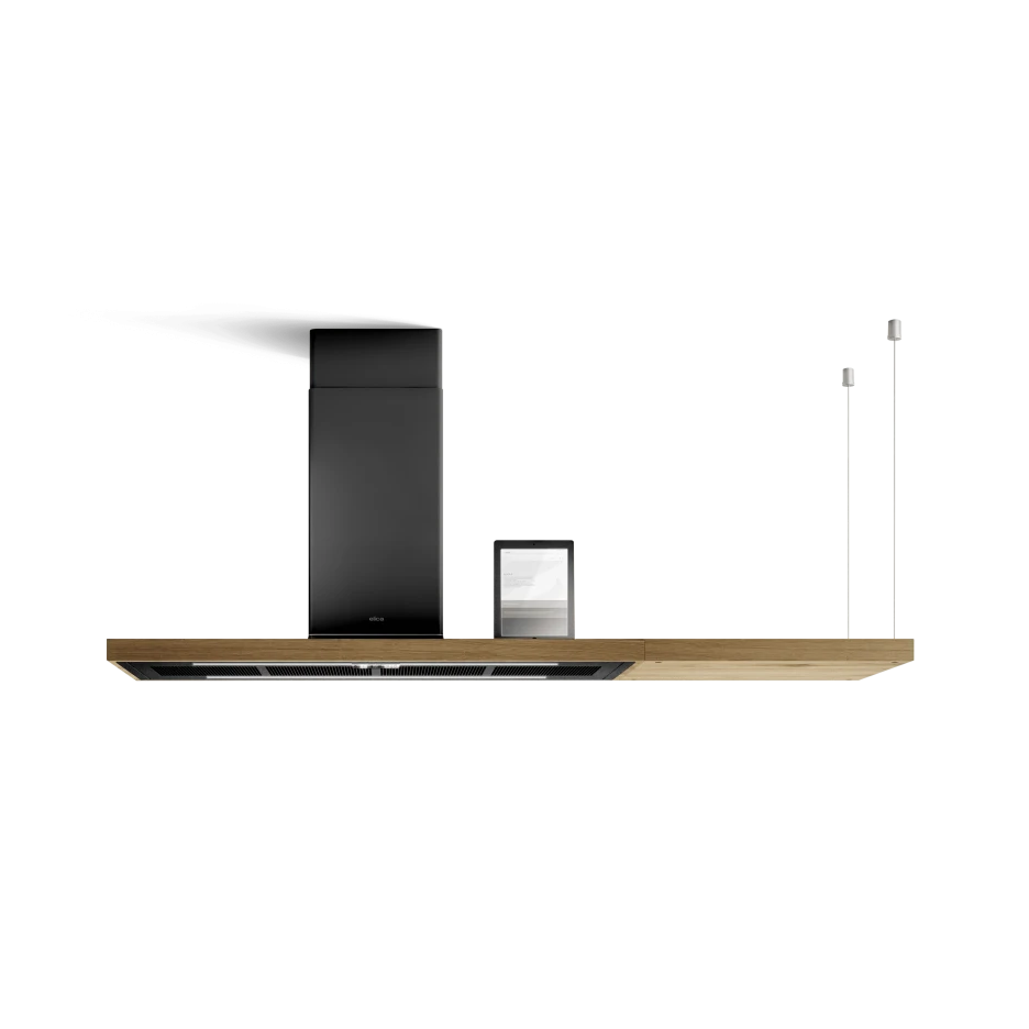 Elica Bio Island noir Finition Noir Effet Brut + Chêne Naturel Dimensions (120x53 cm avec étagère 180x53 cm) Elica Bio Island noir Finition Noir Effet Brut + Chêne Naturel Dimensions (120x53 cm avec étagère 180x53 cm)