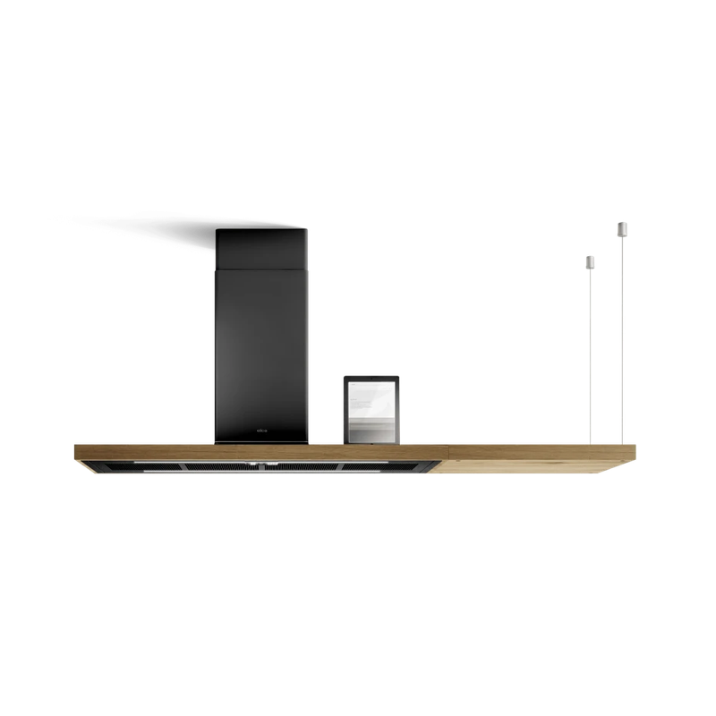 Elica Hotte Bio  Island  noir Finition Noir Effet Brut + Chêne Naturel Dimensions  (120x53 cm avec étagère 180x53 cm)