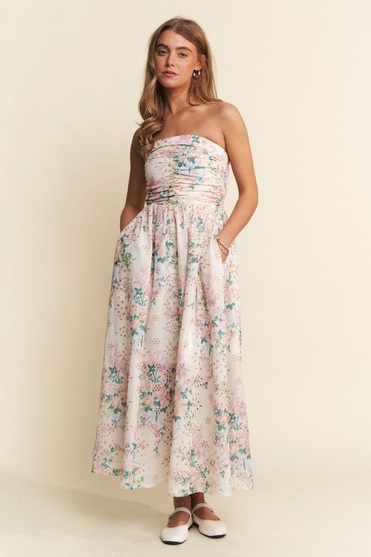 Vivian Floral Print Eyelet Strapless Midi Dress