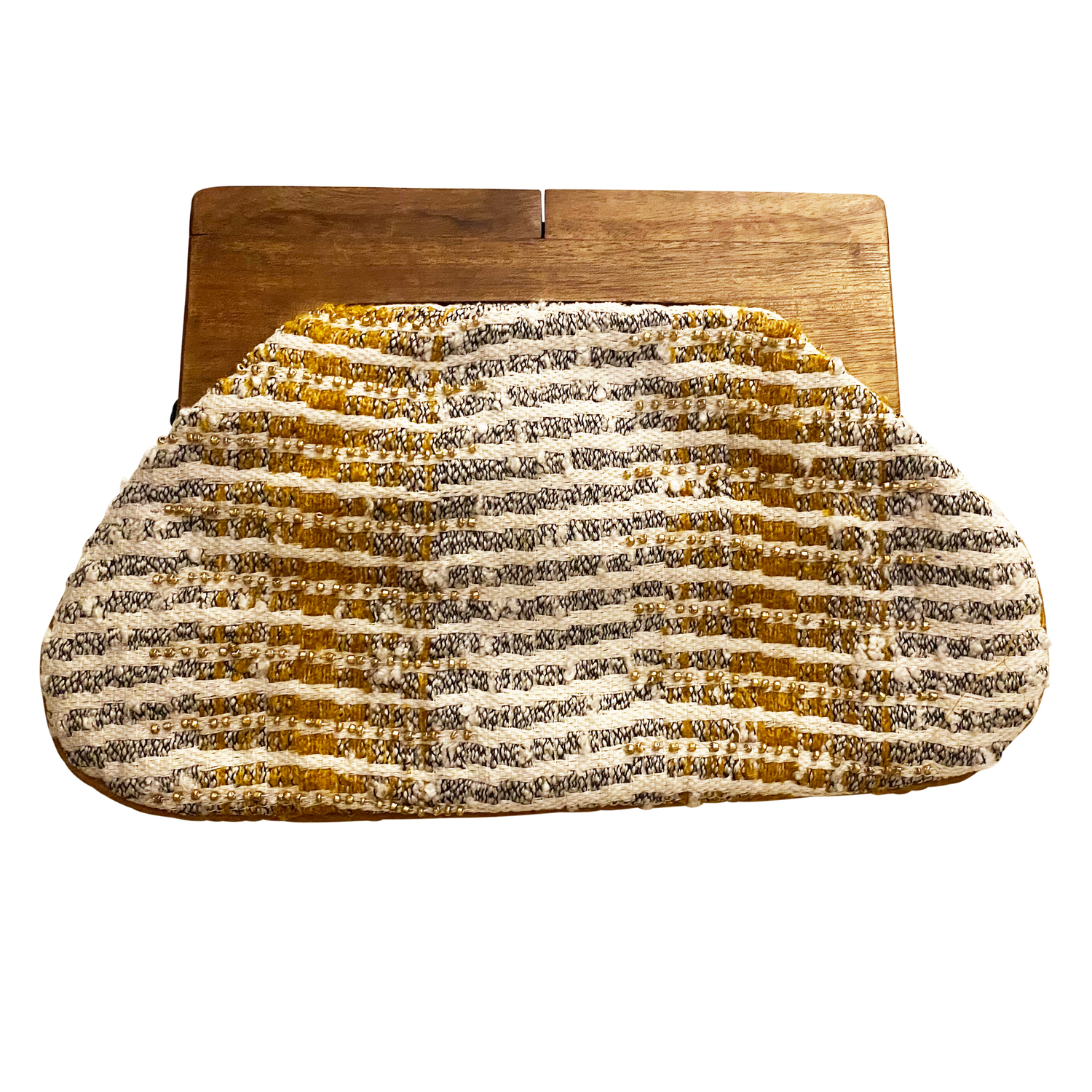 Beaded Gold Silver Clutch with Wooden Handle