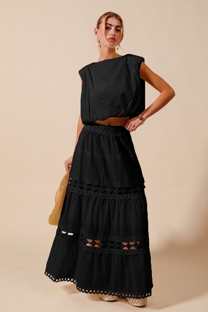 Beach Club Black Crop Bubble Top And Lace Trimmed Maxi Skirt Set