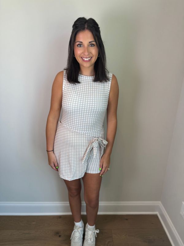 Beige Gingham Sleeveless Wrap Tie Front Dress