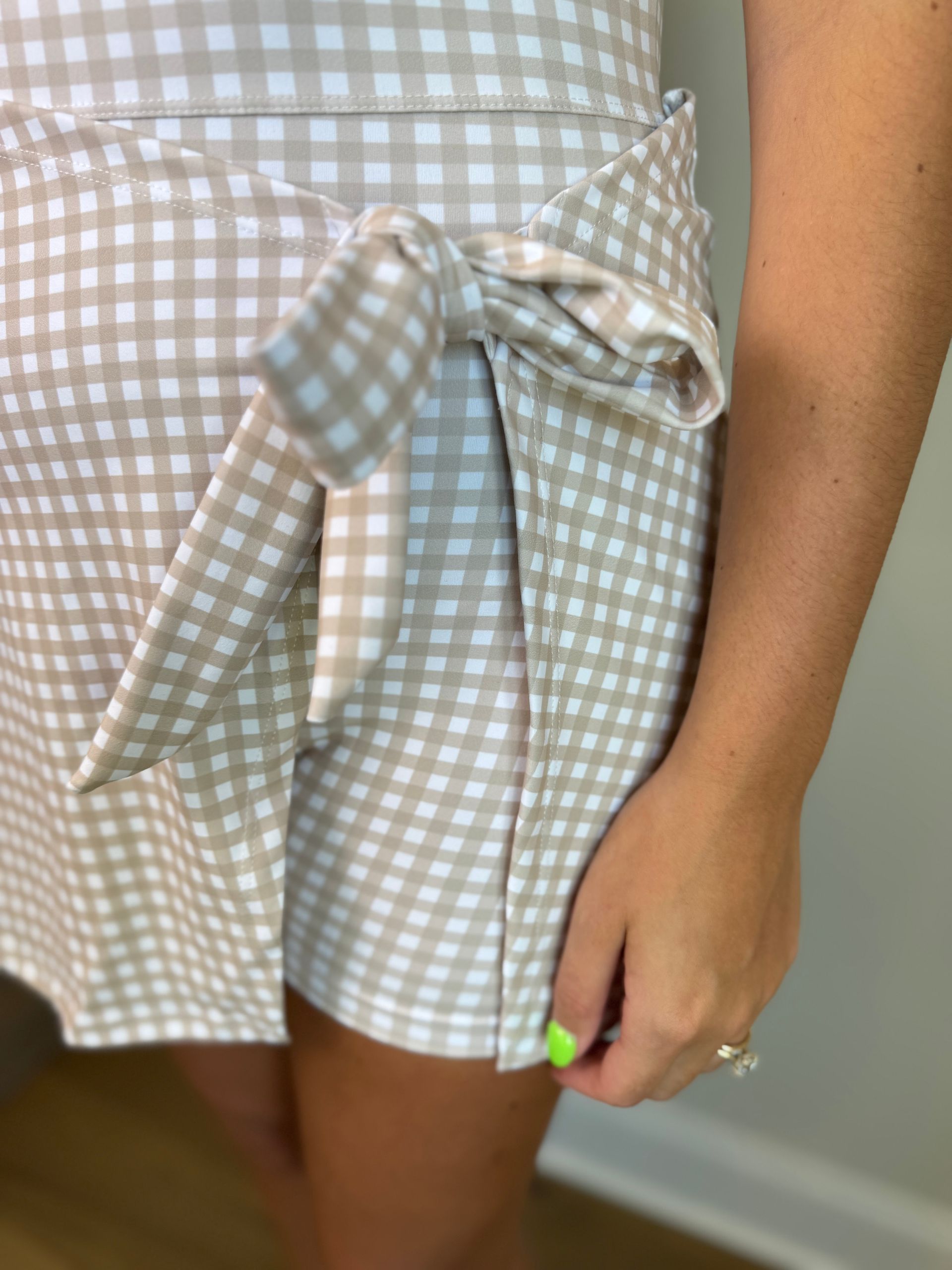 Beige Gingham Sleeveless Wrap Tie Front Dress