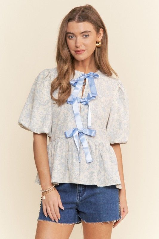 Blue Floral Print Short Sleeve top