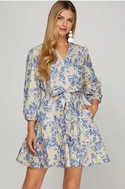 Charleston Blue Floral Print Dress With Waist Tie And Pockets