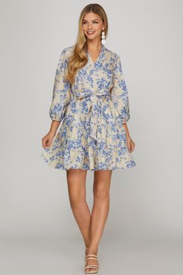 Charleston Blue Floral Print Dress With Waist Tie And Pockets