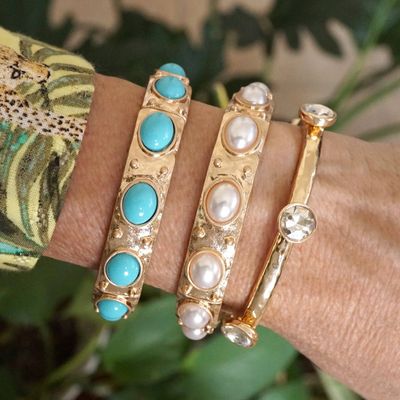 Classic Golden Stretchy Bangles – Pearl or Turquoise Accents