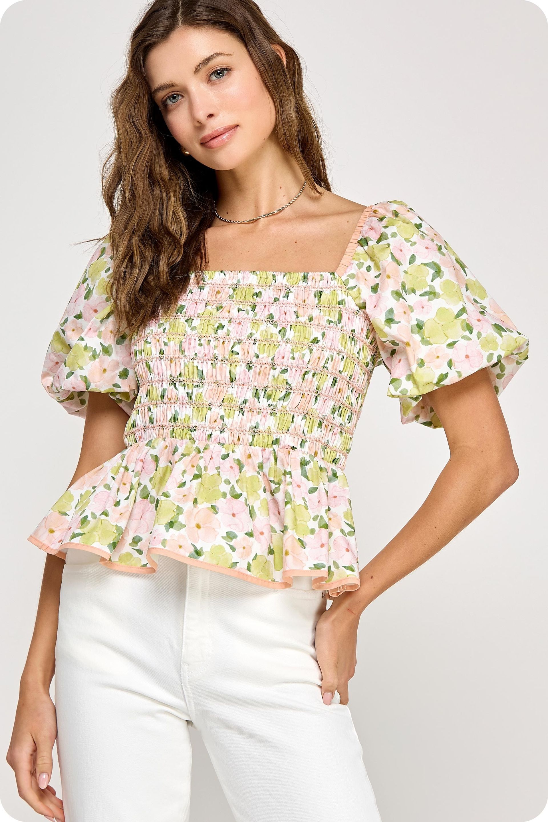 Coral Floral Print Smocking Top