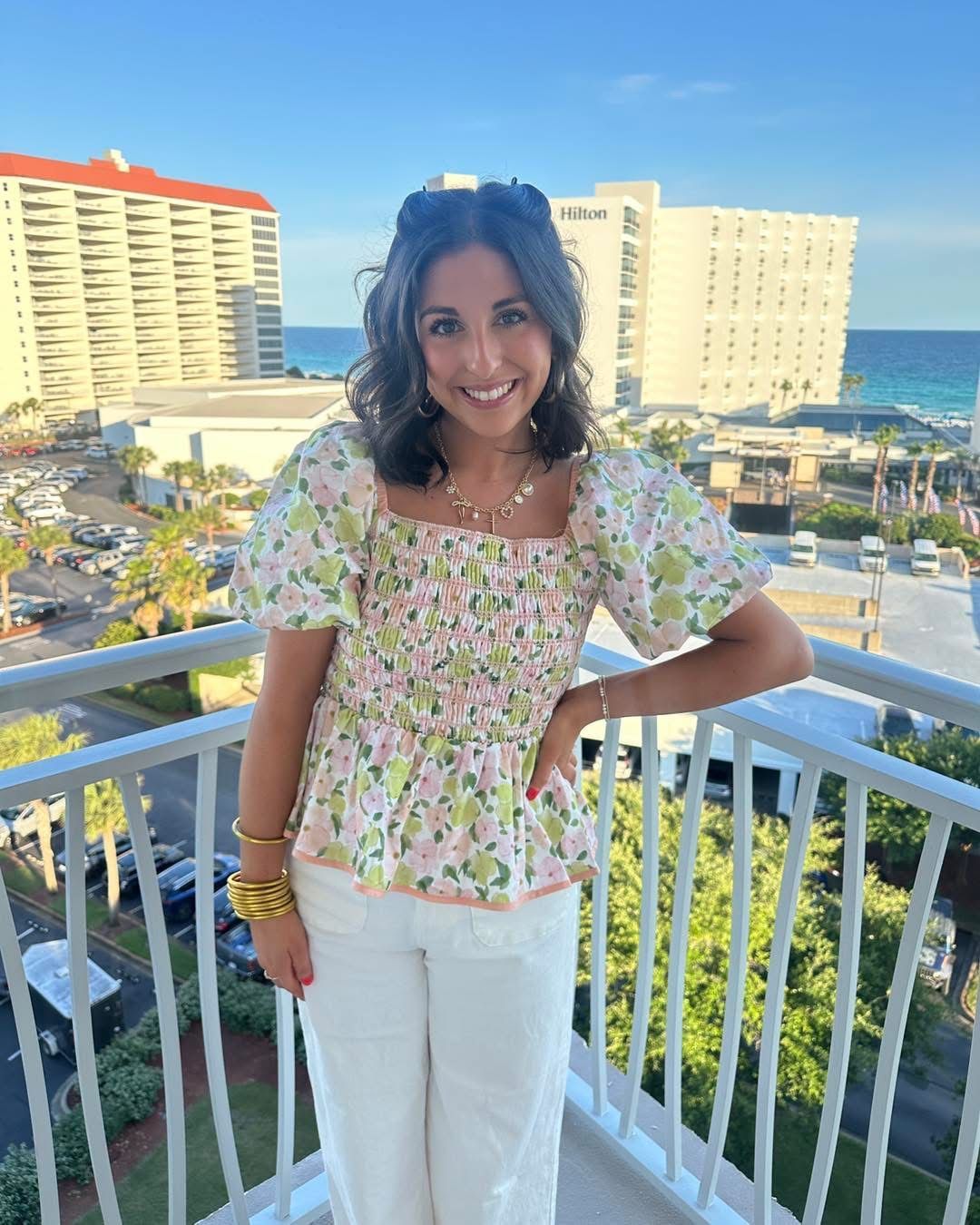 Coral Floral Print Smocking Top