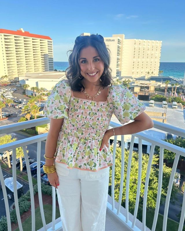 Coral Floral Print Smocking Top
