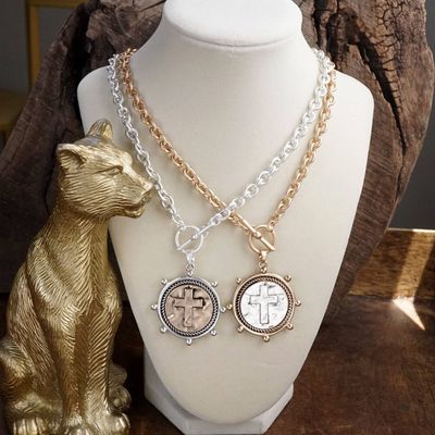 Cross Coin Chain Necklace with Front Toggle Closure – Silver or Gold Tone