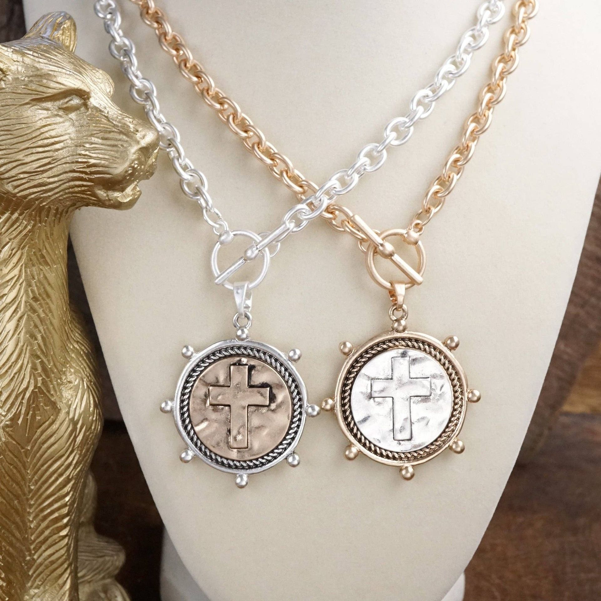 Cross Coin Chain Necklace with Front Toggle Closure – Silver or Gold Tone