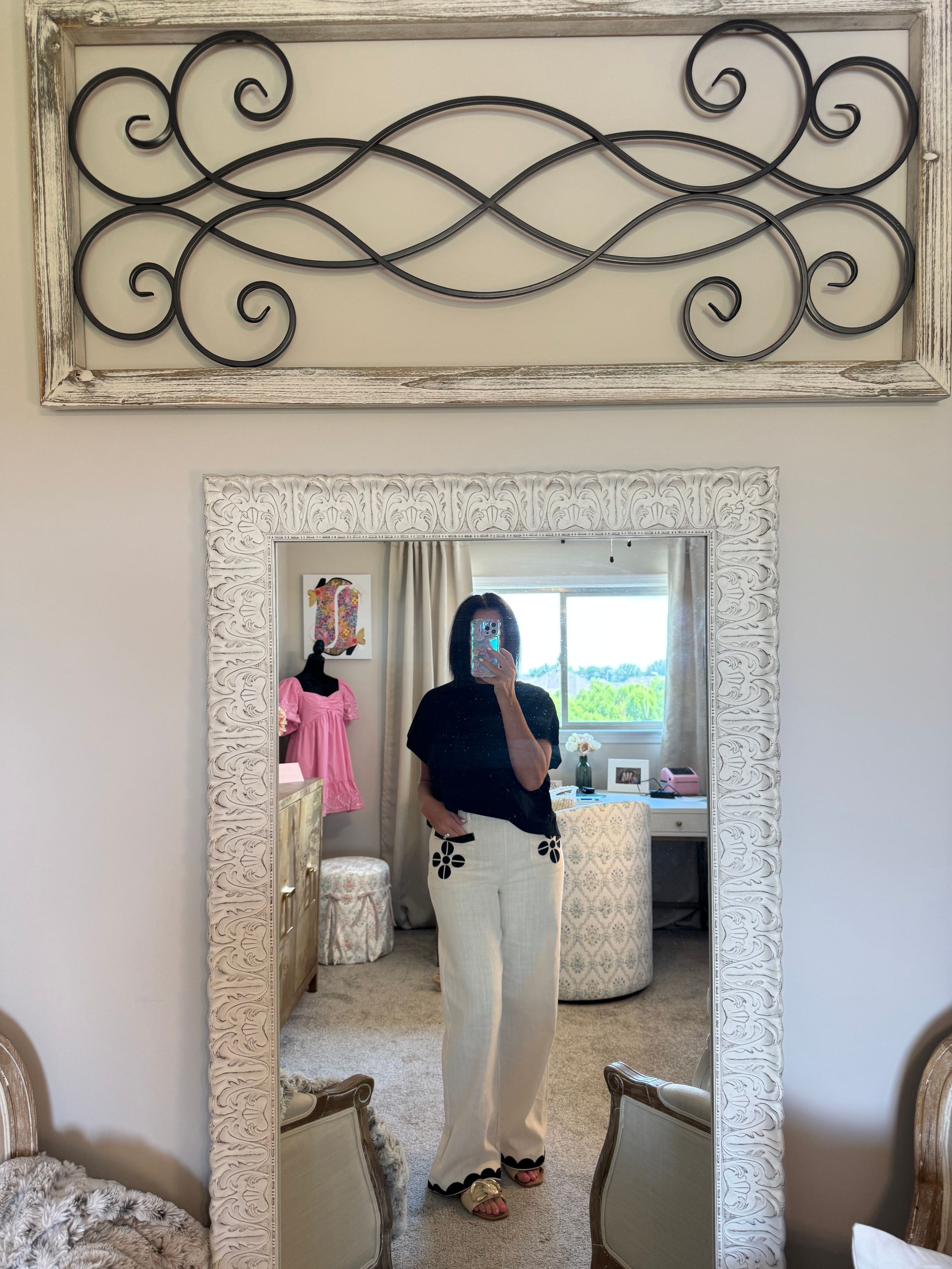 Ecru/Black Contrasting Embroidery Pants