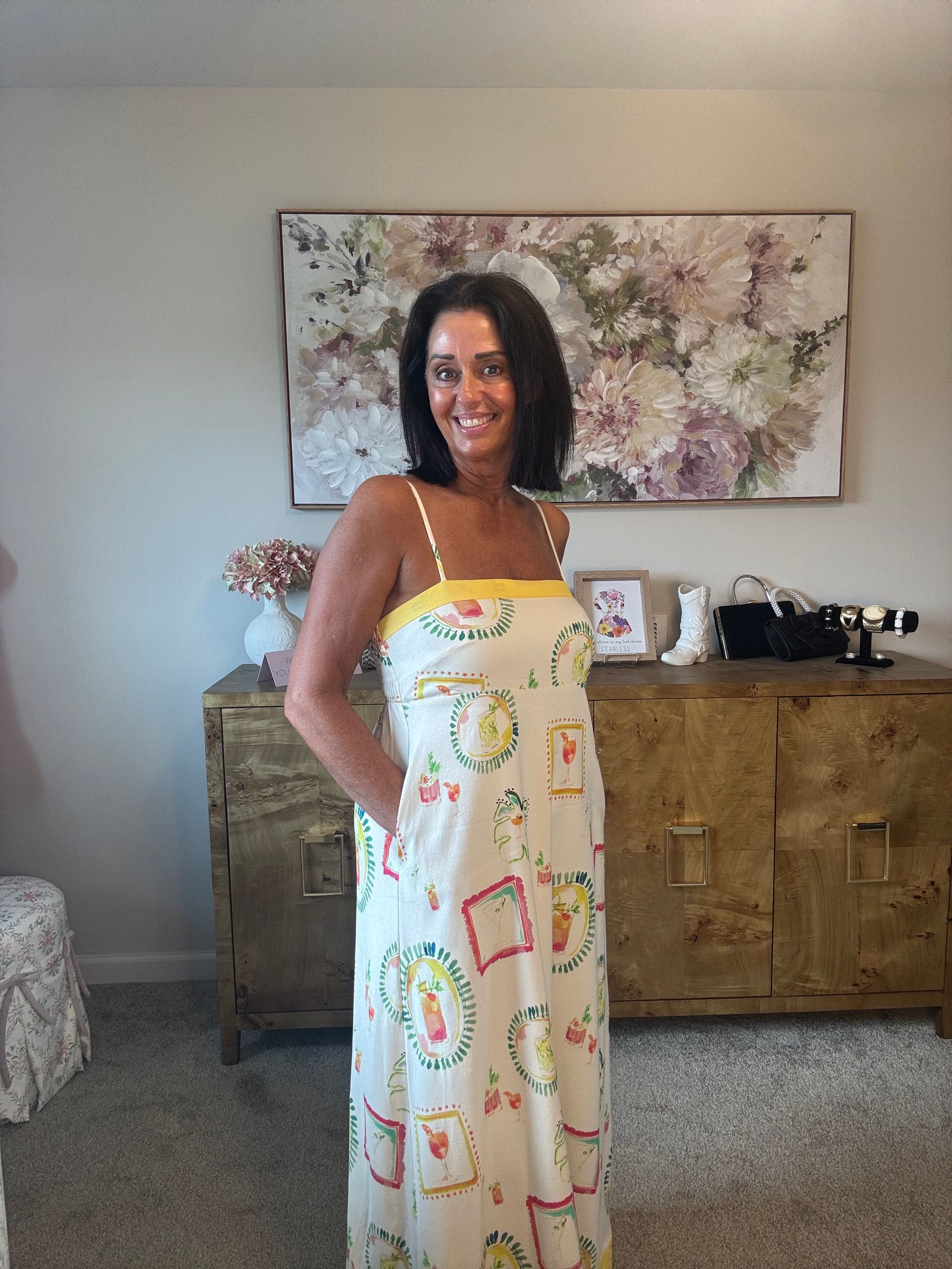 Happy Hour Print Spaghetti Strap Midi Dress