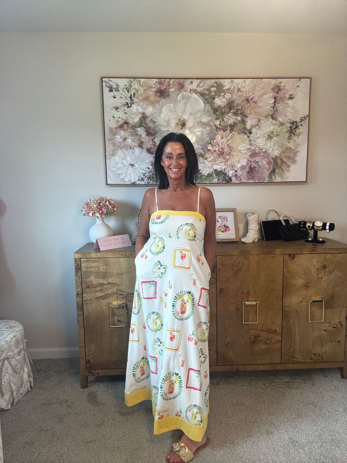 Happy Hour Print Spaghetti Strap Midi Dress