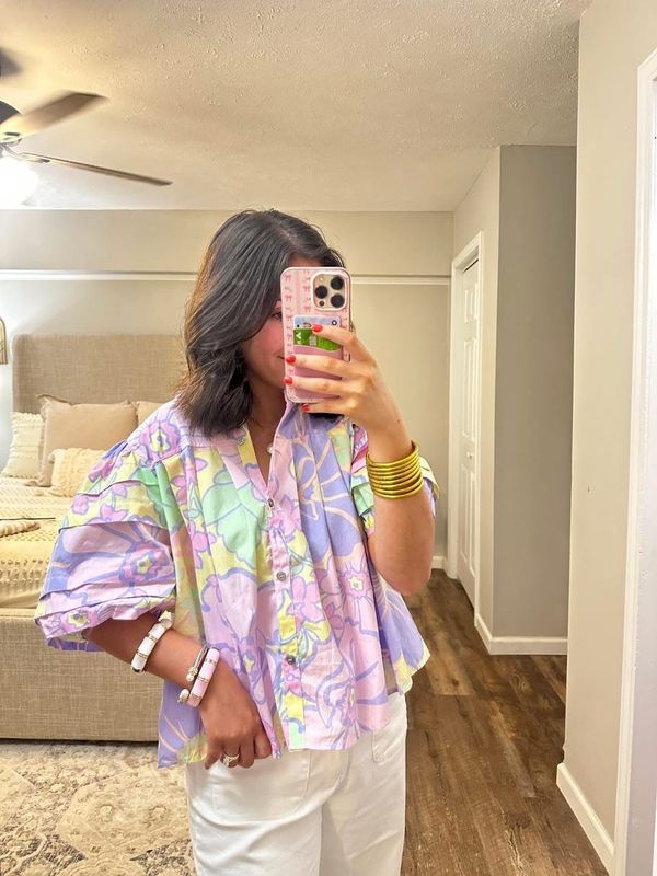 Karlie Lavender Floral Pleat Sleeve Top