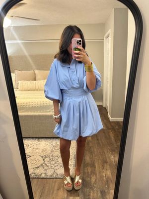 Karlie Lt Blue Ruffle Collar Bubble Hem Dress Karlie Lt Blue Ruffle Collar Bubble Hem Dress