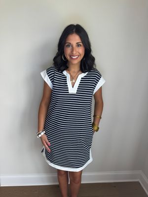 Navy/White Striped Dress With Pockets