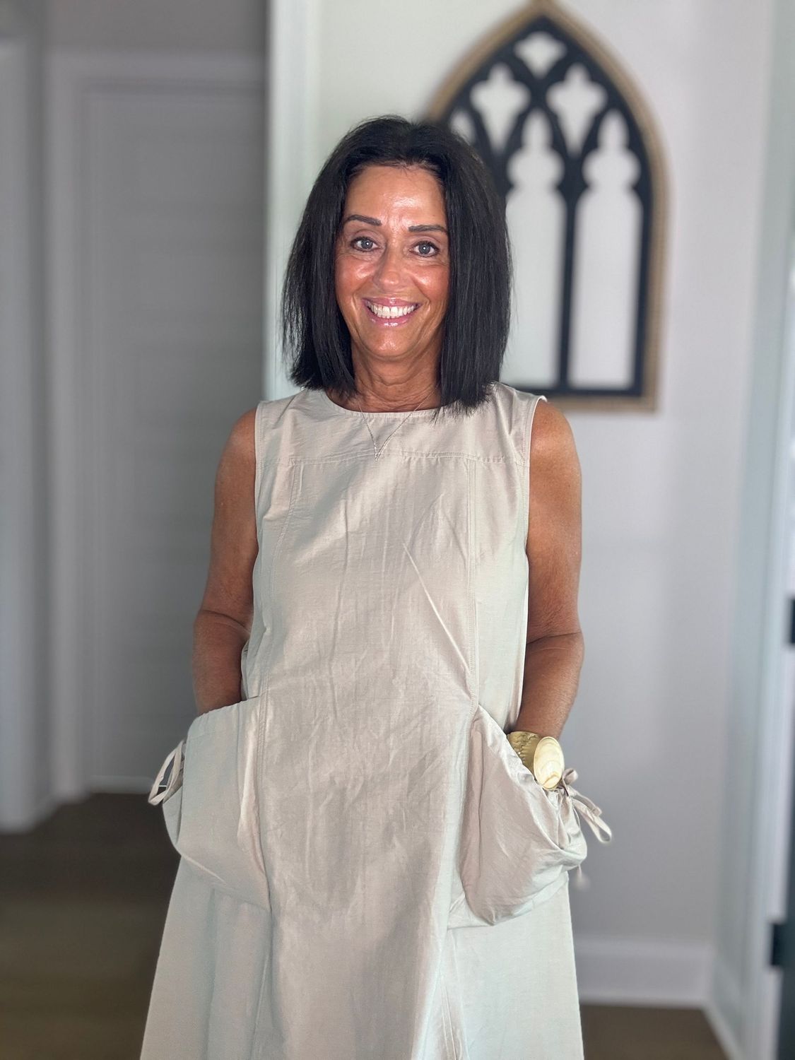 Phoebe Pocket Tie Sleeveless Midi Dress Sand Color