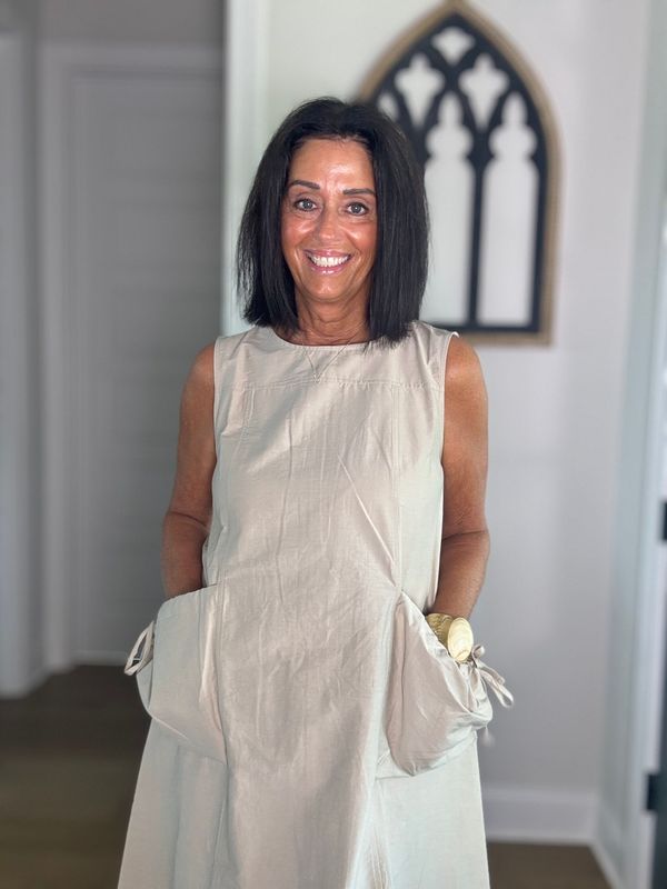 Phoebe Pocket Tie Sleeveless Midi Dress Sand Color