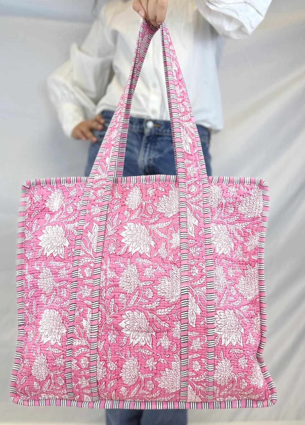 Pink Garden Block Print Quilted Tote Bag
