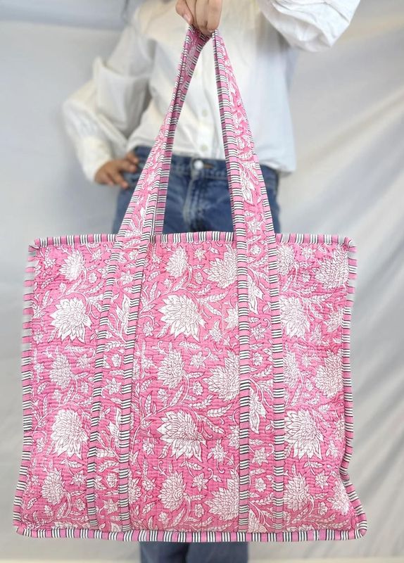 Pink Garden Block Print Quilted Tote Bag